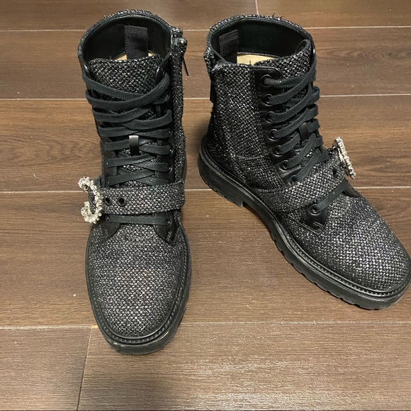 Jimmy Choo Glistening Tweed Embellished Flat Ankle Boots - Picture 3 of 6